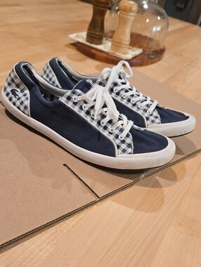 Lacoste Navy and White Gingham Canvas Sneakers for Women Size 10
